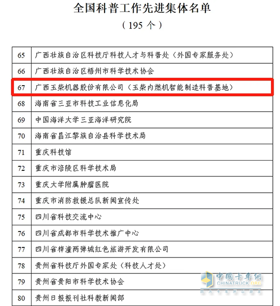 厉害了！玉柴获评“全国科普工作先进集体”荣誉称号